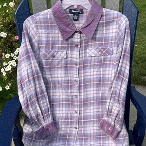 Denim&Co Purple Plaid Flannel w/Corduroy Trim Long Sleeve Button Front S…